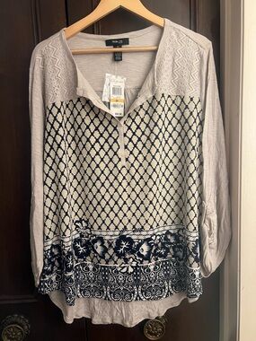 Style & Co. Cream and Navy Printed Lace-Yoke Henley Tunic